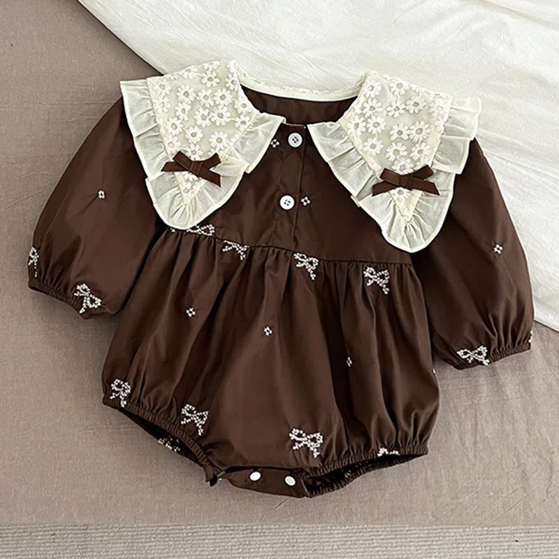 Newborn Baby Girl Romper Lace Bow Ribbon Ruffle Jumpsuit Long Sleeve Infant Toddler Floral Onesie Spring Embroidery Baby Clothes