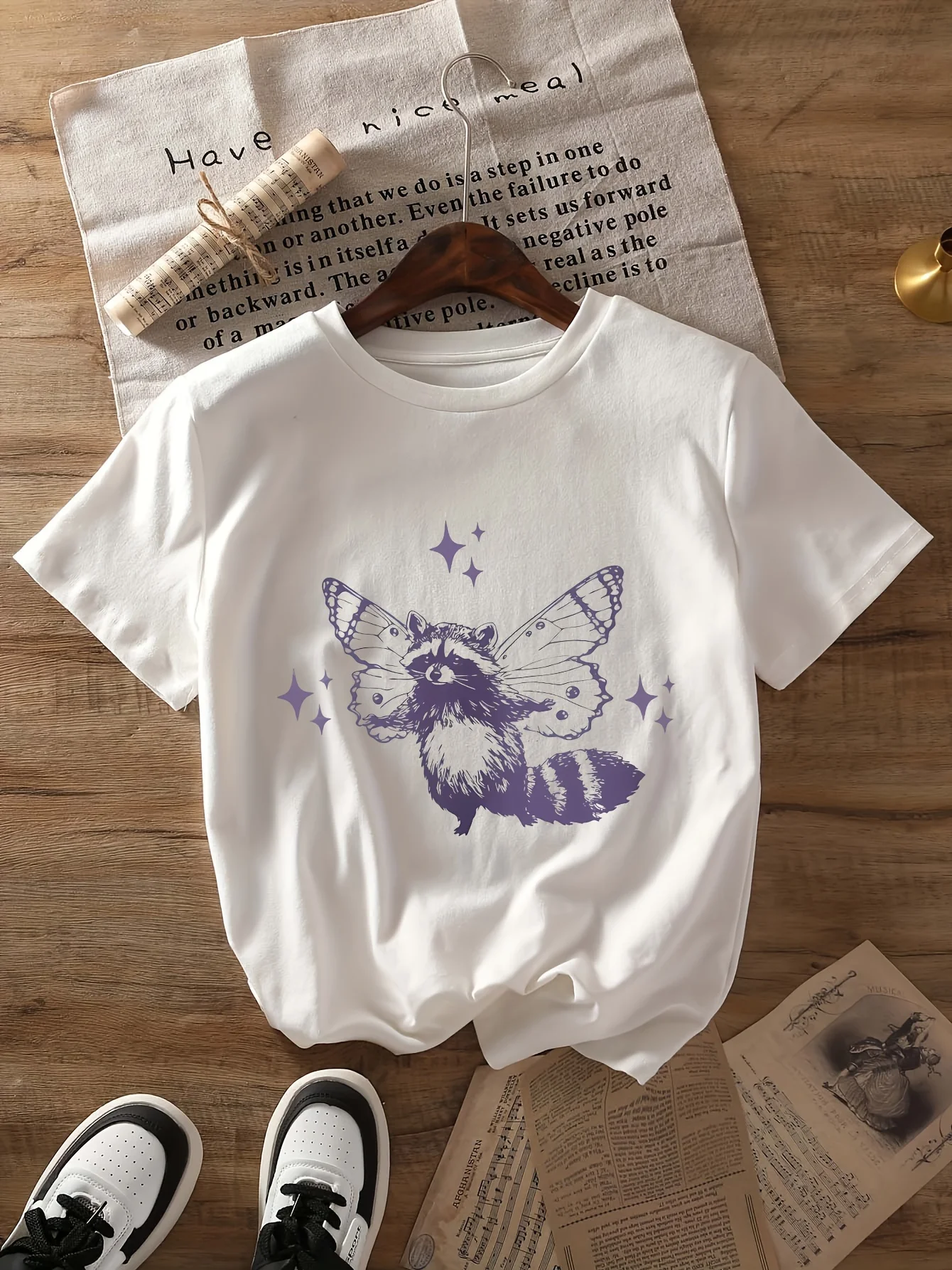 

Women'S Casual Crew Neck T-Shirt with Cartoon Raccoon and Butterfly Wings Print, Summer Knit Fabric Top, 95% Polyester