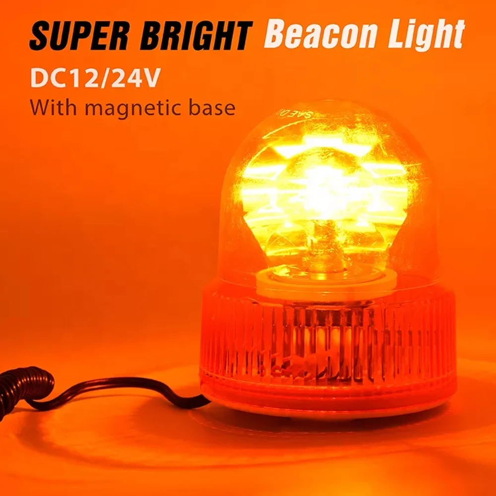 LED 12V 24V Red Yellow Blue Car Vehicle Police Beacon Light Rotating Emergency Warning Light, Amber Lens