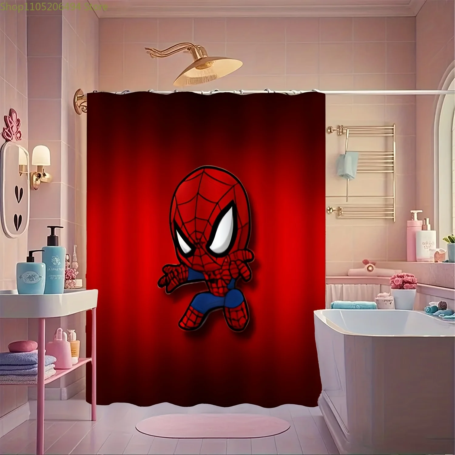 

1pc Marvel Spider-Man Shower Curtain with Hooks - Vibrant Red & Design, Machine Washable, Unlined Polyester, Cartoon Character