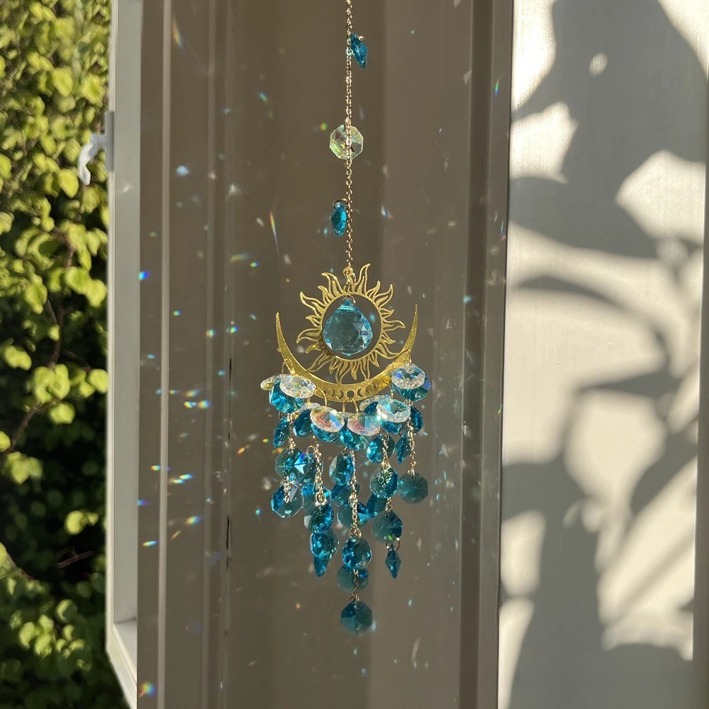 Dreamy Light Evil Eye Wind Chime, Sun Moon Design, Crystal Light Catcher, Balcony Window Decor