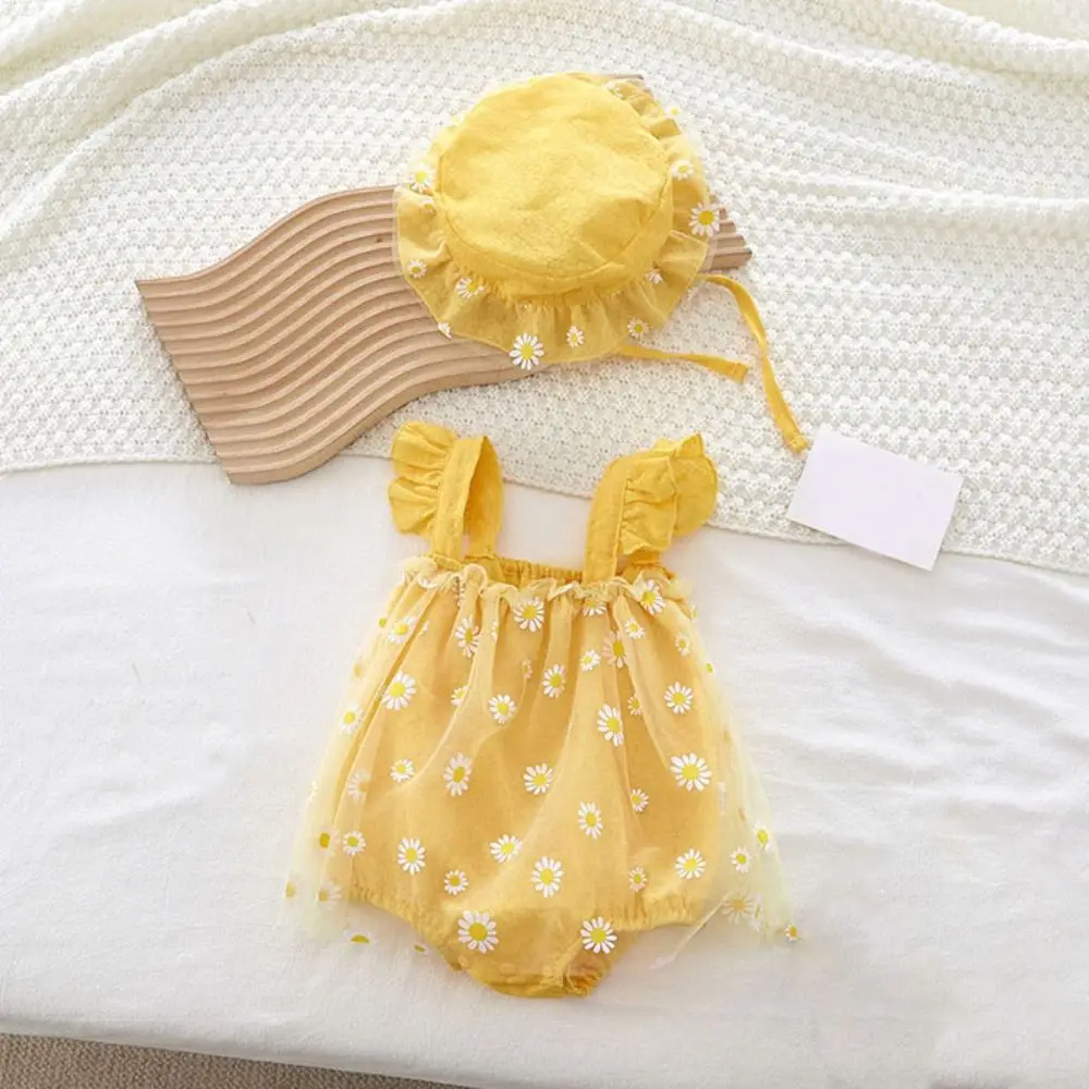 Mesh Flower Baby Princess Dress with Hat Loose Sleeveless Baby Climbing Suit Infant Romper Sweet Thin Toddle Jumpsuits