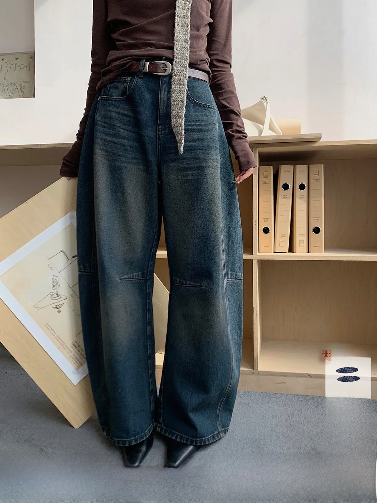 

Джинсы REREK: Винтажные синие свободные джинсы из хлопка с высокой талией для женщин