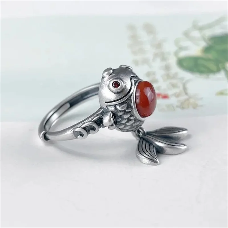 Vintage Relief Fish Ring For Lady Finger Accessories Exquisite Agate Goldfish Pattern 925 Silver Ring Women Jewelry Adjustable