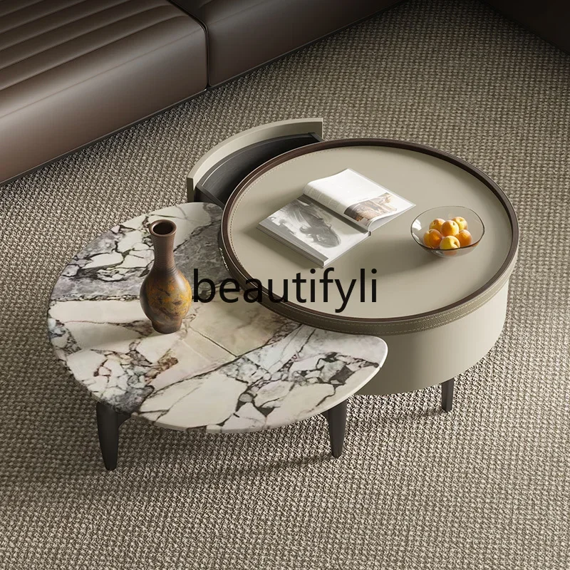 

yj5 New designer coffee table side table combination marble tea table saddle leather