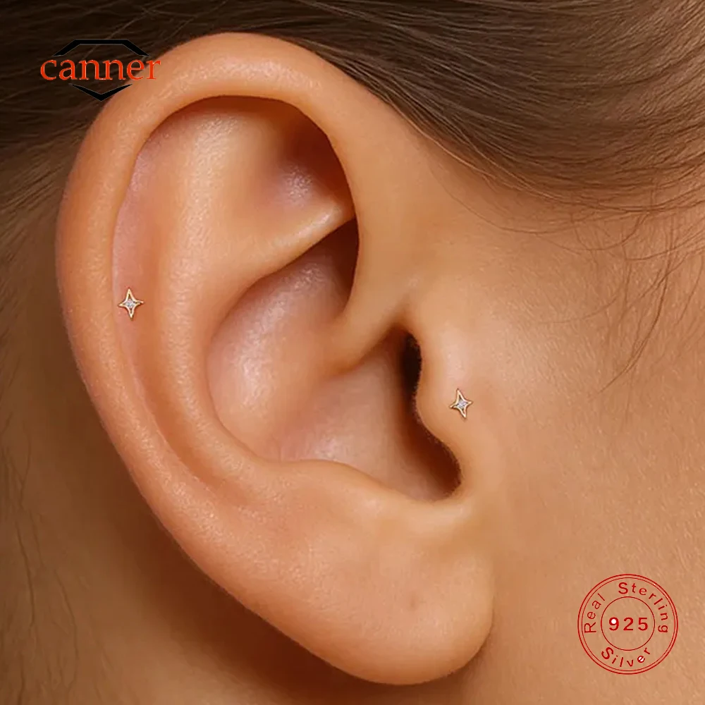 

CANNER 1PC 925 Sterling Silver Four Pointed Star Flat Head Puncture Ear Bone Nail For Women Ins Stud Earring aretes para mujer