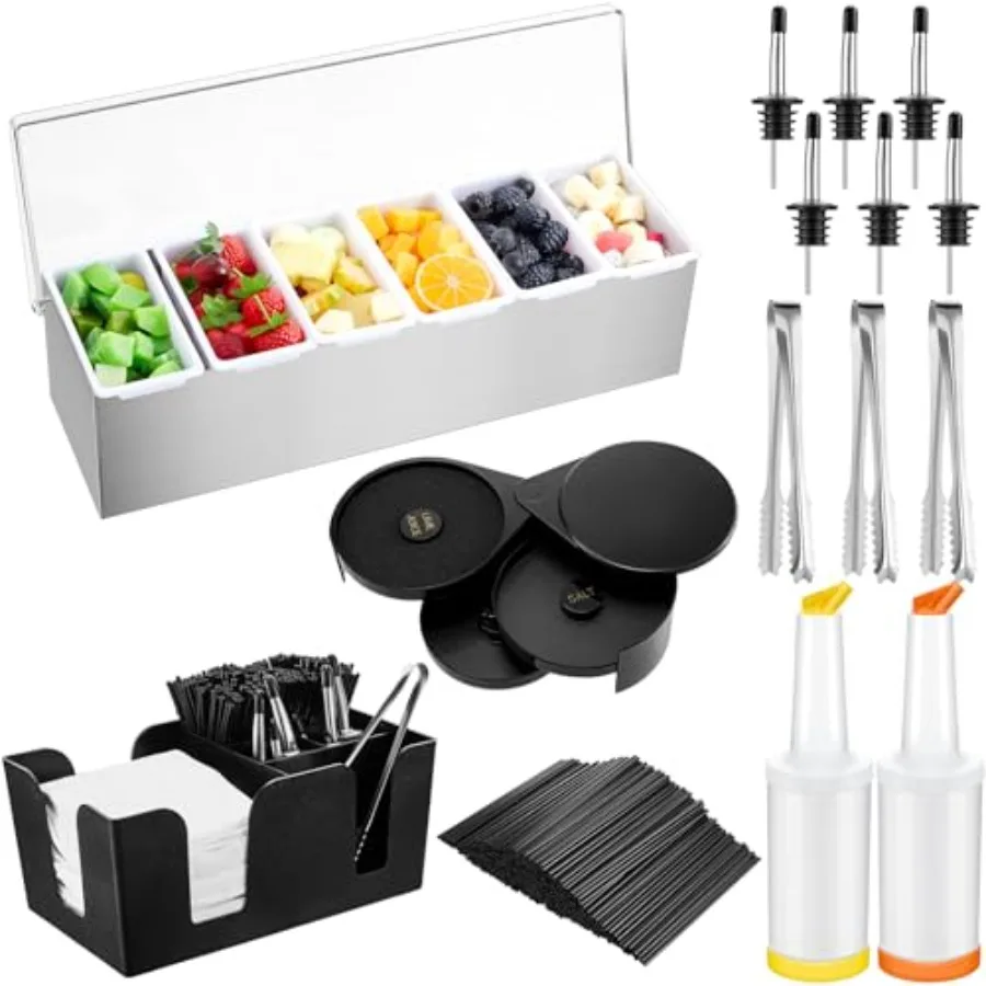 

Набор для бармена: поднос для украшений с крышкой, 3-ярусный держатель для стаканов, 12 нержавеющих насадок для бутылок, 2 бутылки для сока, 1 бутылка для розлива.