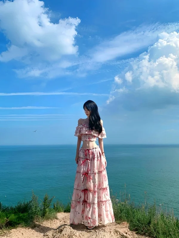 

Beach Vacation Style Thai Inspired Outfit Beautiful Knot Floral Long Skirt Set One Shoulder with Lace Trim Short Sl...