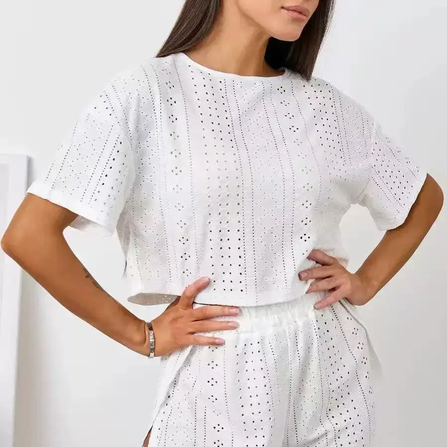 Summer Sleepwear Women Hollowed Short Sleeves Shorts Home Clothes Female Comfortable Nightgown Loose Pajamas Set