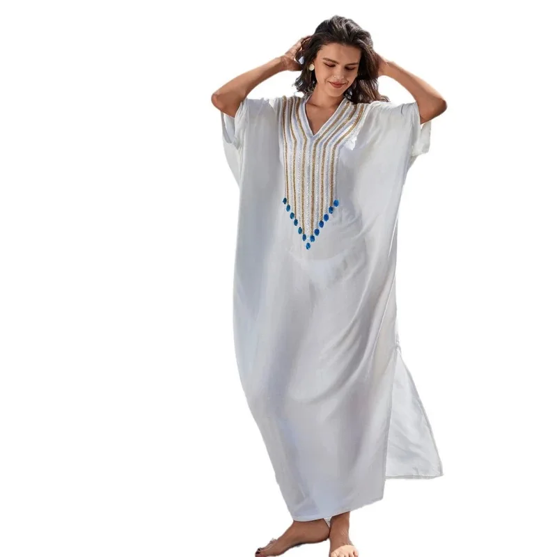Para Praia-Robe de plage blanche en mousseline de soie pour femme, kimono, kaftan, cover-up pour les maillots de bain, Industries ong, cardigan, bikini
