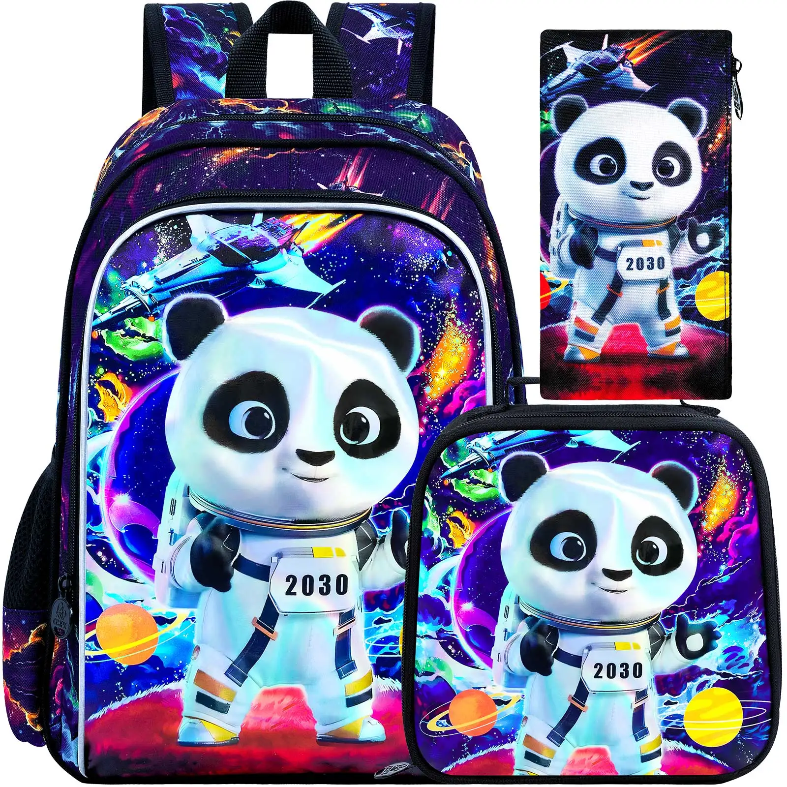 Kid's backpack 3PCS 16Inch UV Print Battle Panda Set, Large Capacity, one backpack, one handbag, one pen pouch