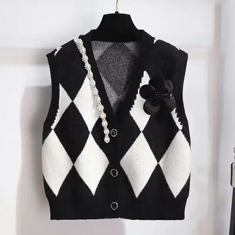 

Beaded Rhombic Sweater Vest Jacket Women's Spring New Korean Design Tie Flower Knitted Tank Top