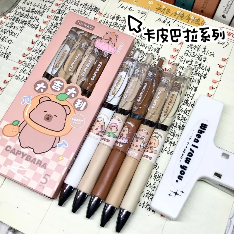 

5pcs/Box Kawaii Gel Pen Cute Capybara Retractable 0.5mm Black Ink Smooth Writing Office and Home Stationery School Supplies Gift