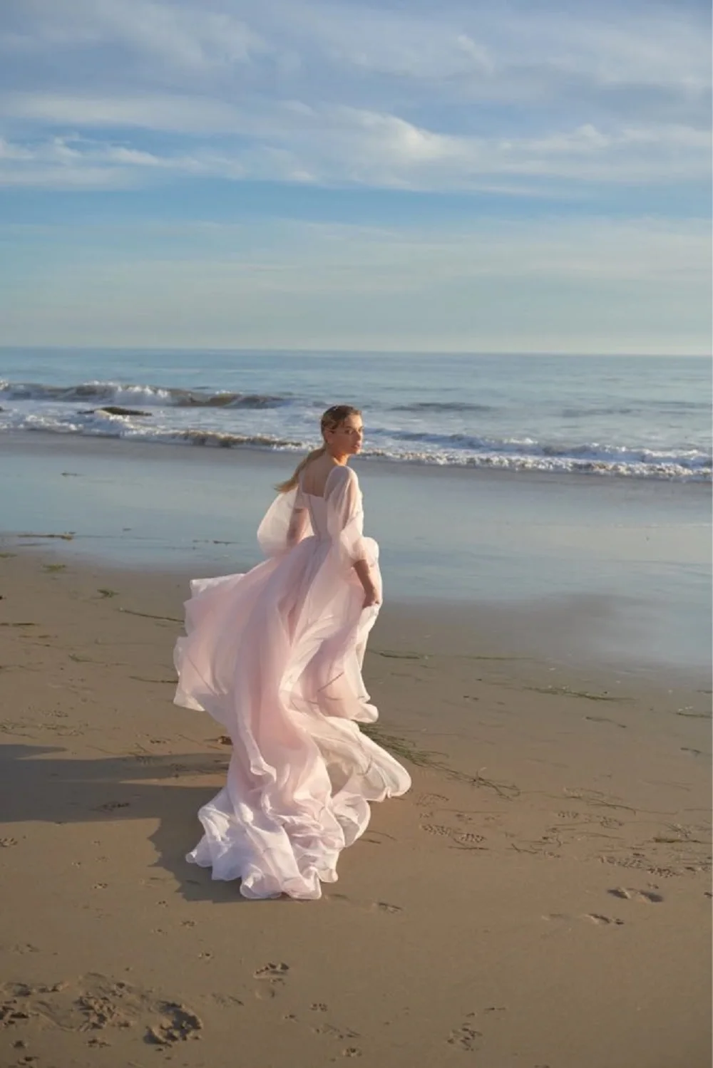 Eeqasn-Vestidos de Fiesta formales de manga larga abullonada para mujer, vestidos de Organza con cuello de barco, vestidos de graduación de playa, vestido de fotografía de boda de tren largo