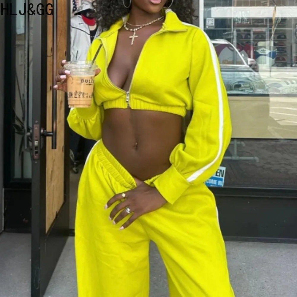 

HLJ&GG Winter New Casual 2 Pieces Set for Woman Outfits High Neck Long Sleeves Crop Top and Wide-leg Pants Female Streetwear