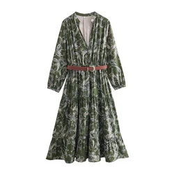 Taop&Za 2024 Women's Elegant V-neck Long sleeved Belt Paisley Printed Midi Dress