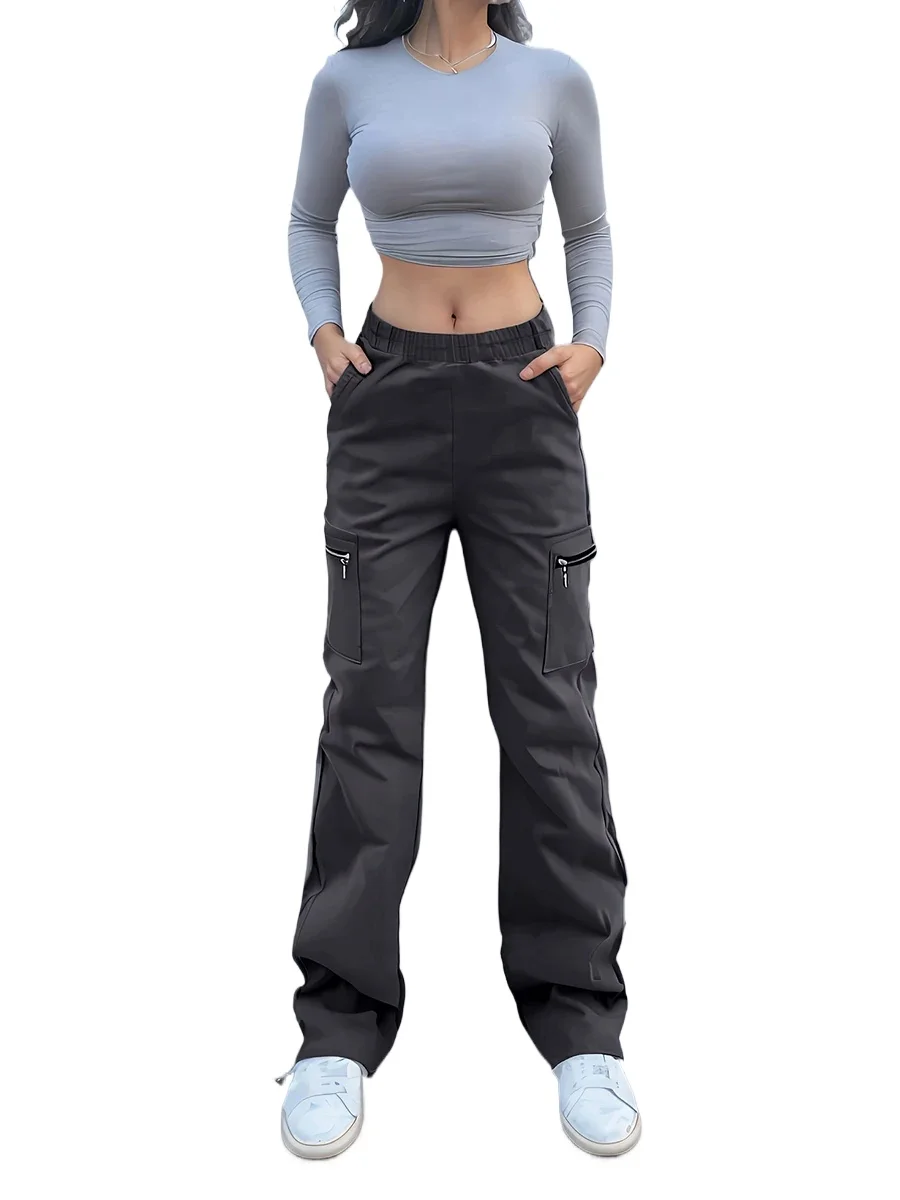 High Waist Cargo Pants Women Streetwear Loose Straight Leg Multi Pockets Zipper Detail Elastic Waistband Trousers