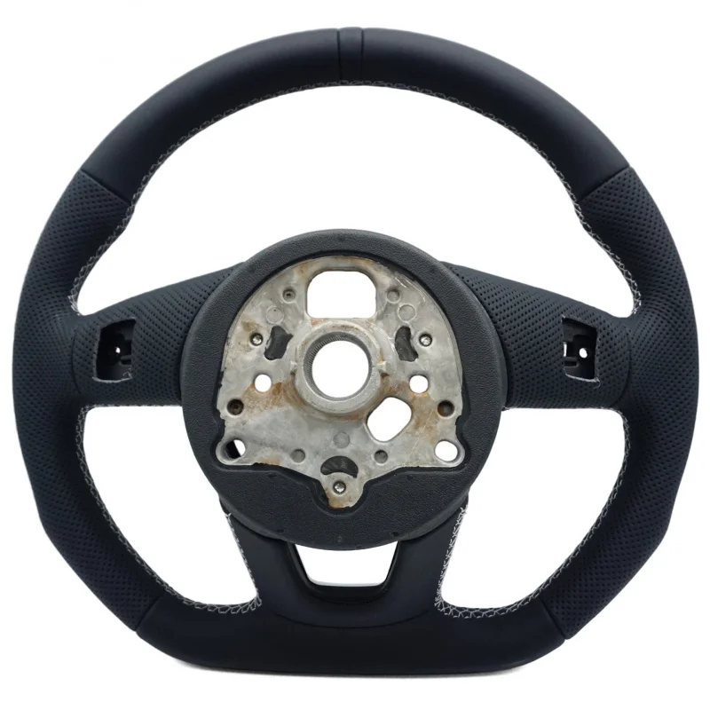 For Audi A4B9 S model semi-perforated black leather sport flat-bottom steering wheel with white stitching