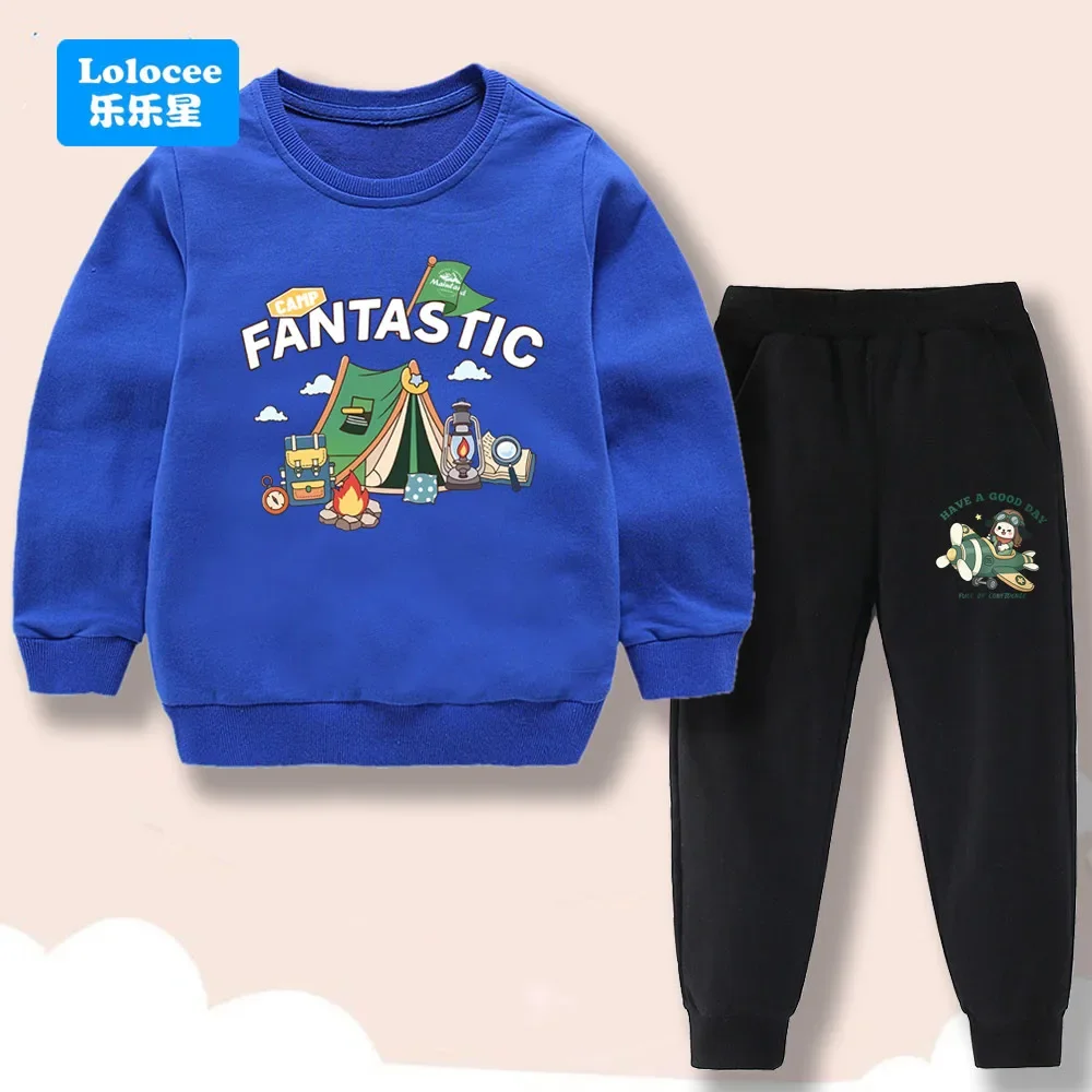 Boys' and Girls' Autumn/Winter Set: Sweatshirt (Pullover) and Pants with Cute Camping Bear Print – Two-Piece Children's Outfit