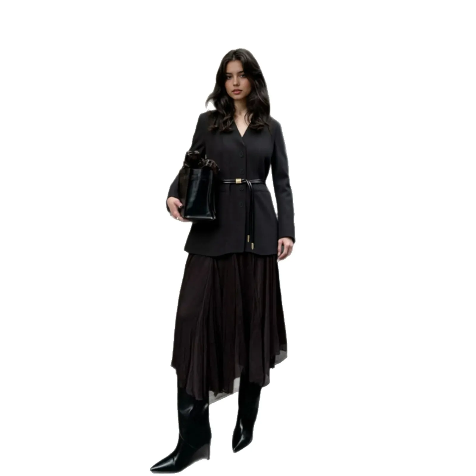 V Neck No Hood Coat Mid Length Regular Fit Elegant Women Jacket with Tied Closure Mid Long Length Graceful Elegance Autumn