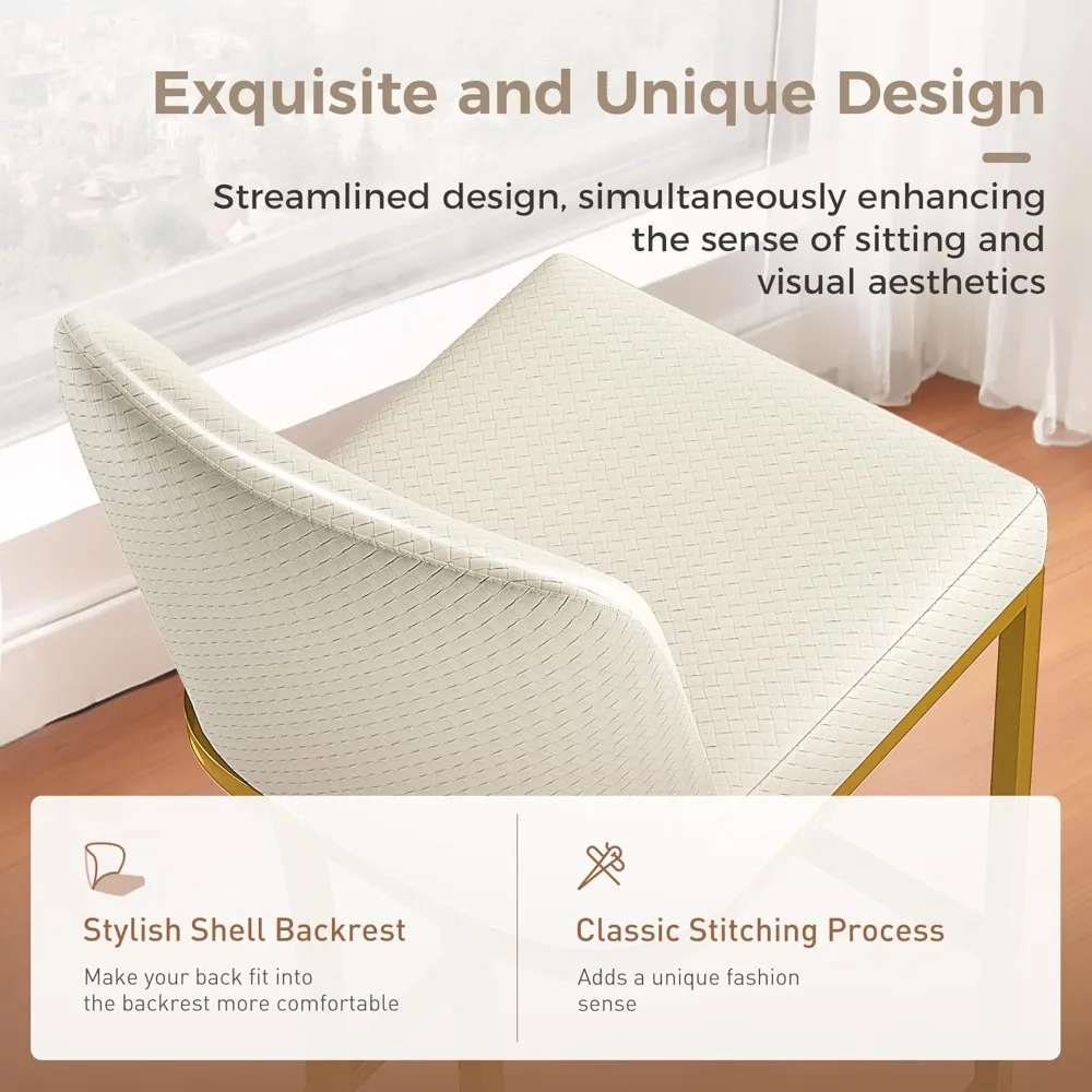 เก้าอี้บาร์สีขาวนวลและสีทองแบบมีพนักพิง ชุด 3 ตัว สำหรับเคาน์เตอร์ครัว ขนาด 24 นิ้ว หุ้มด้วยหนังเทียม