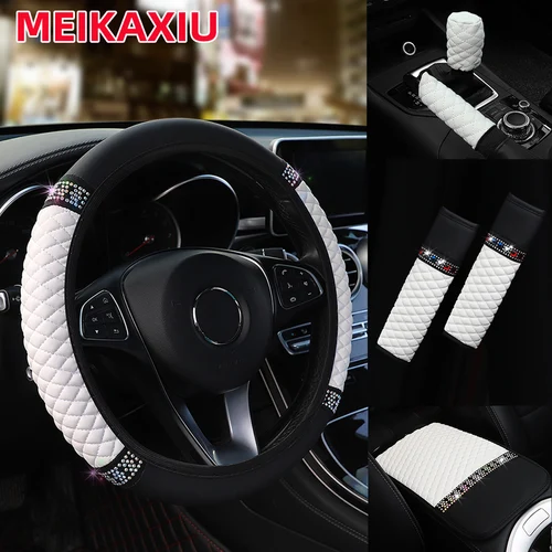 Protector de freno de mano de cuero PU con tachuelas de diamantes, cubierta de cambio de marchas para volante de coche con reposabrazos bordado, Protector de hombro, 6 uds.