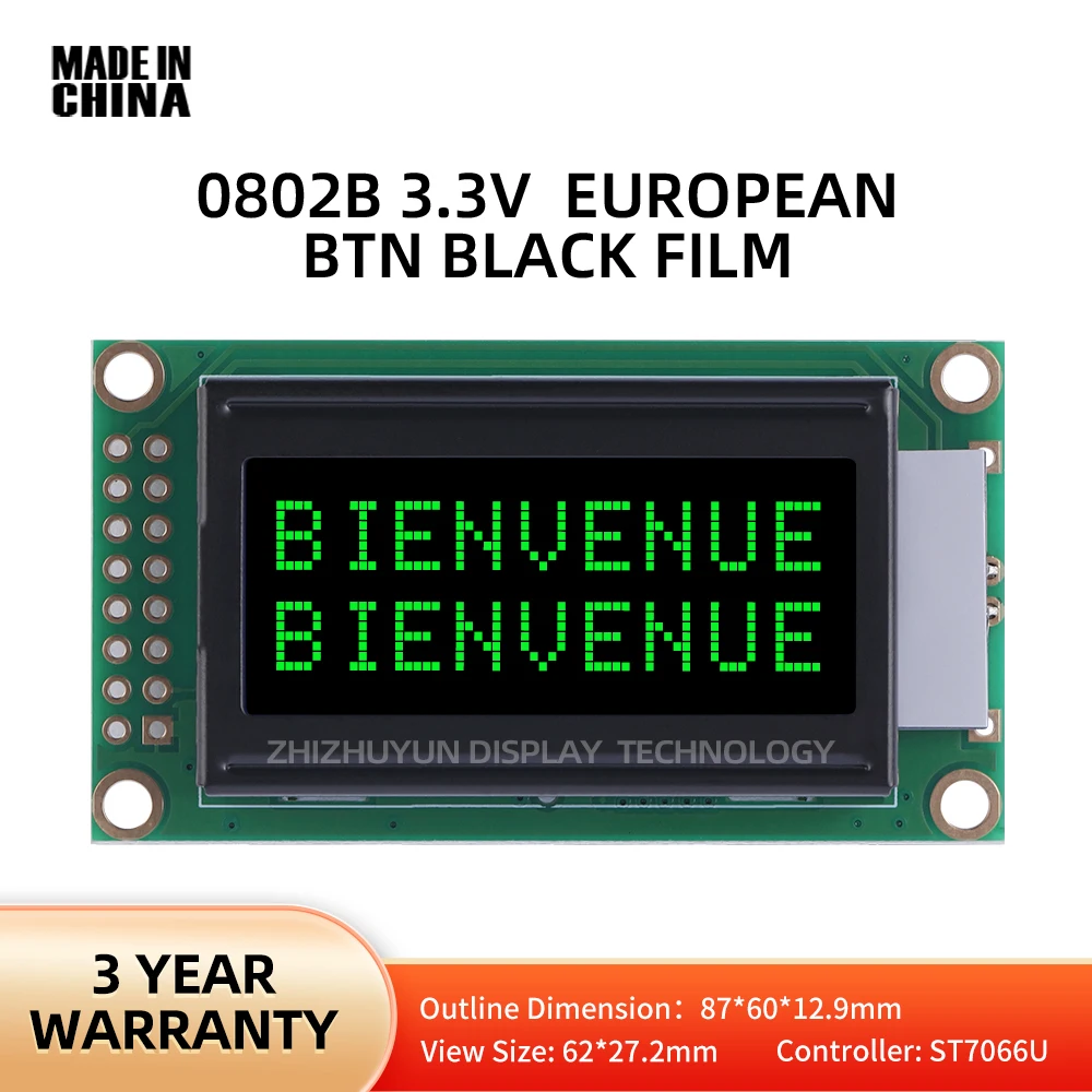 Pantalla de caracteres europeos LCD 0802B, módulo multilingüe de 87x60MM, 3,3 V, BTN, película negra, texto verde, garantía de tres años