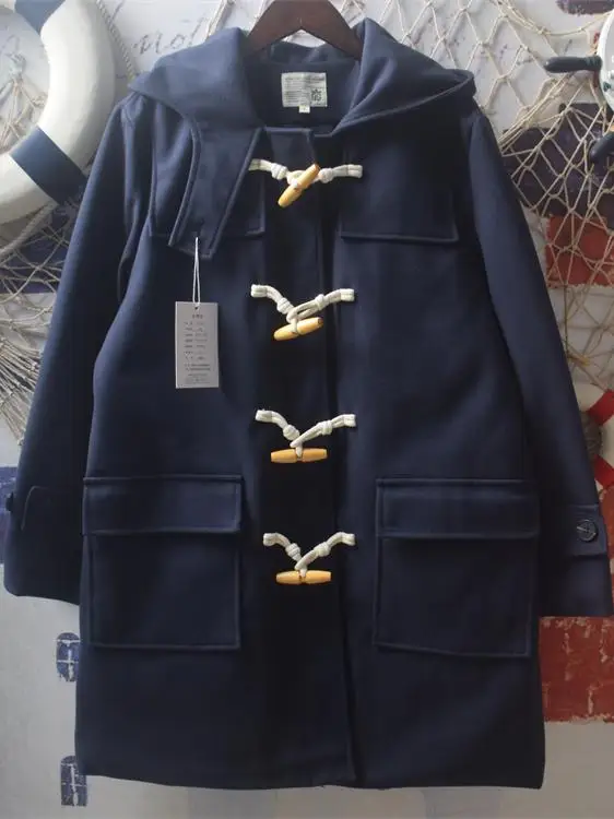 معطف مبطن متوسط الطول على الطراز الياباني Preppy معطف سميك بقلنسوة وزر على شكل قرن معطف نسائي بأكمام طويلة بلون سادة سترات صوفية غير رسمية #3