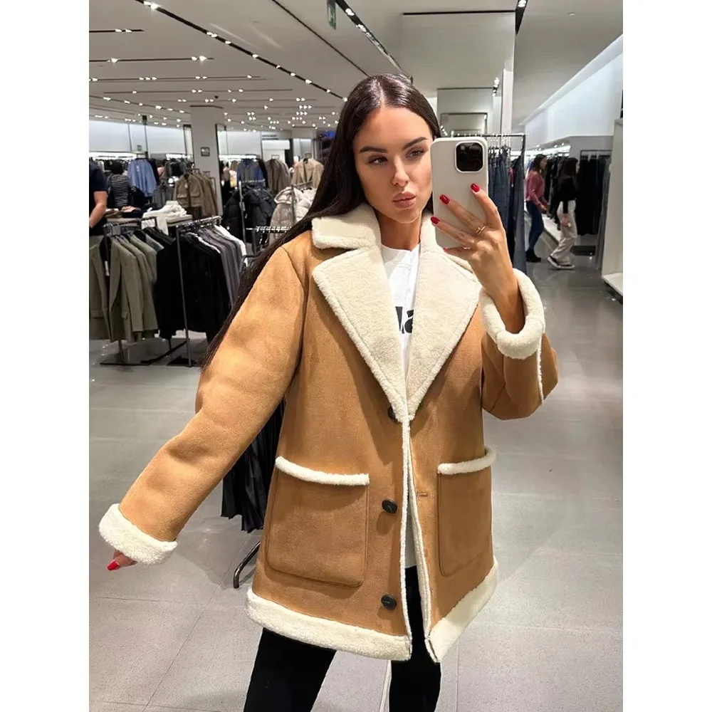 Winter Women\'s Casual Jacket Solid Color Lapel Long Sleeve Pocket Jacket Winter Retro Single-breasted Women\'s Warm Jacket