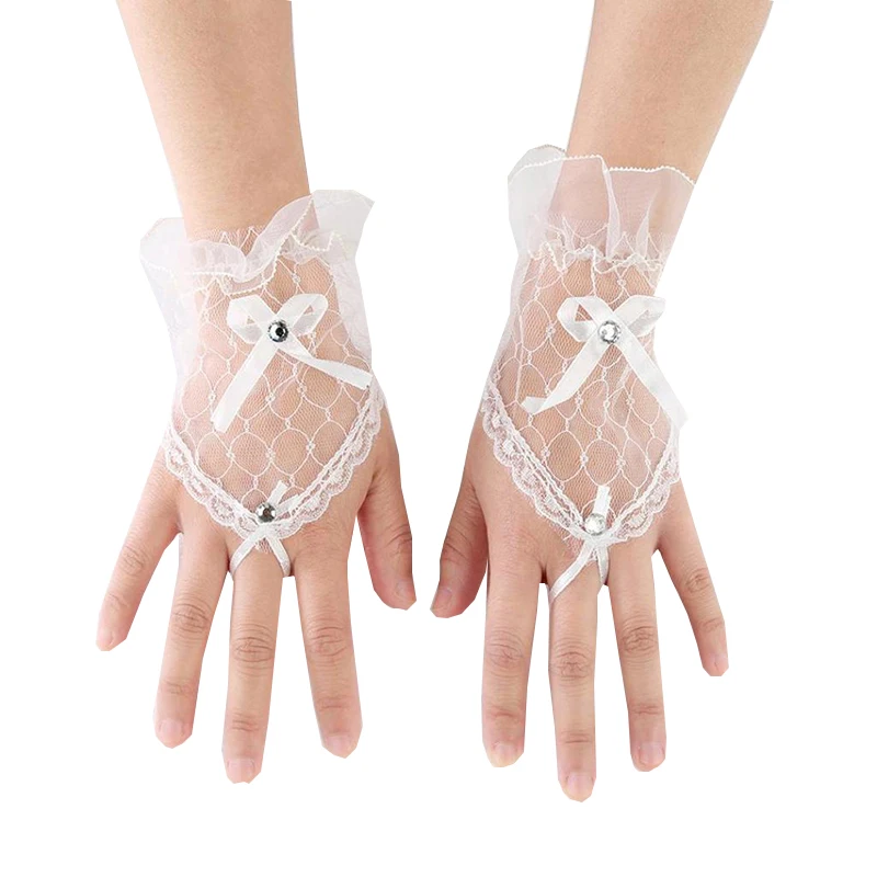 Lace Fingerless Bride Gloves Elegant Bowknot Rhinestone Tulle Short Gloves White Black Mittens Wedding Party Accessories