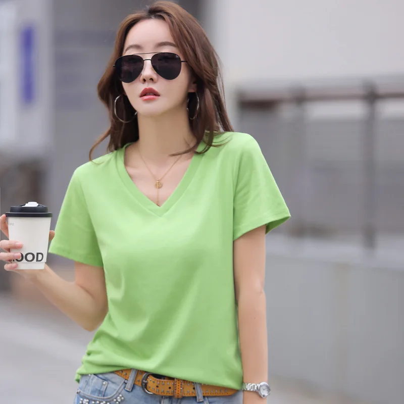 Casual V Neck Cotton T Shirt for Women Tshirt Summer Top Korean Fashion Womens Clothing Short Sleeve Tees Female Camisetas Mujer