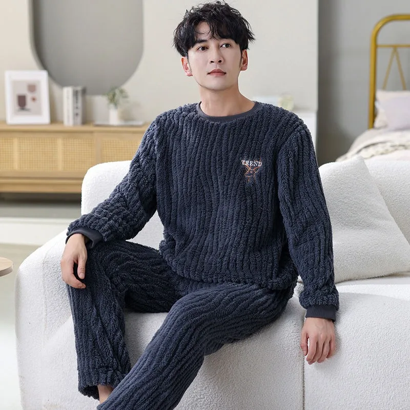 Flannel Pajamas Men Autumn Winter Pullover Warm Fleece-Lined Thickened Sleepwear Sets Coral Fleece Large Size Male Homewear Suit