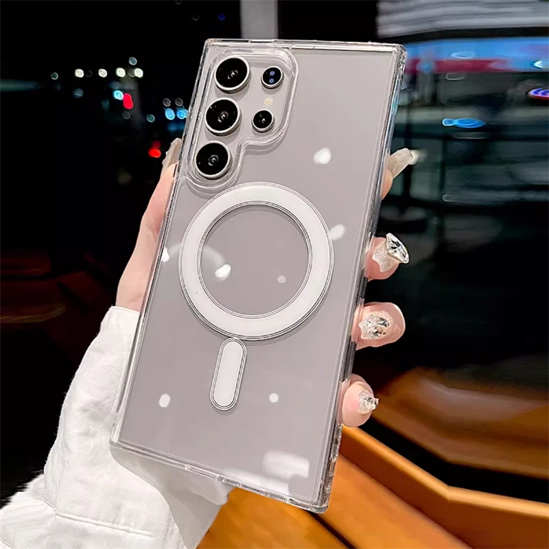 Прозрачный магнитный чехол для Magsafe для Samsung S25 Edge S24 S23 S22 S21 S20 Plus S25 FE A16 A26 A36 A56 Жесткий чехол для телефона Fundas