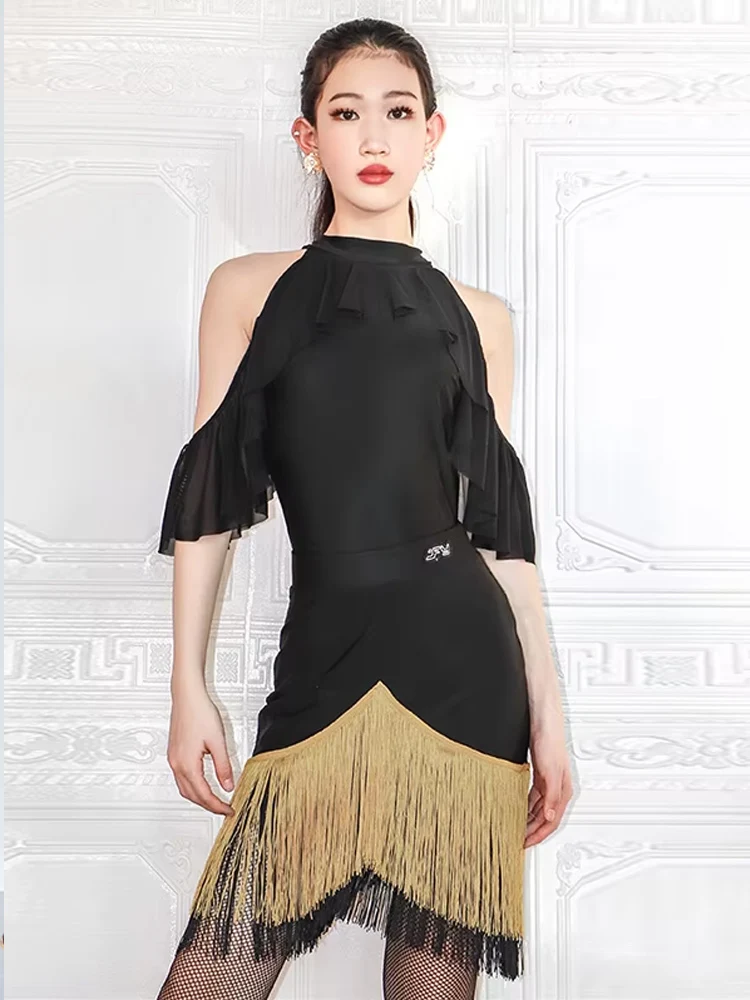 라틴 댄스 의상 여성 라틴 댄스 복장 공연 의류 블랙 바디수트 프린지 스커트 살사 트레이닝 댄스웨어 VDB6649