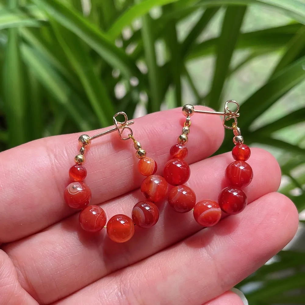 Natural Crystal Stone Earrings for Women Round Circle Loop Tassel Dangle Red Black Agates Green Aventurine Crystal Drop Earrings