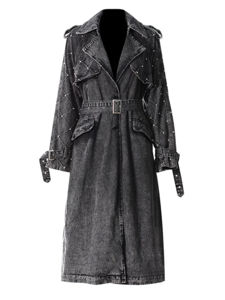 [EAM] Women Black Denim Pearl Big Size Long Trench New Lapel Long Sleeve Windbreaker Fashion Tide Spring Autumn 2024 7AB6038