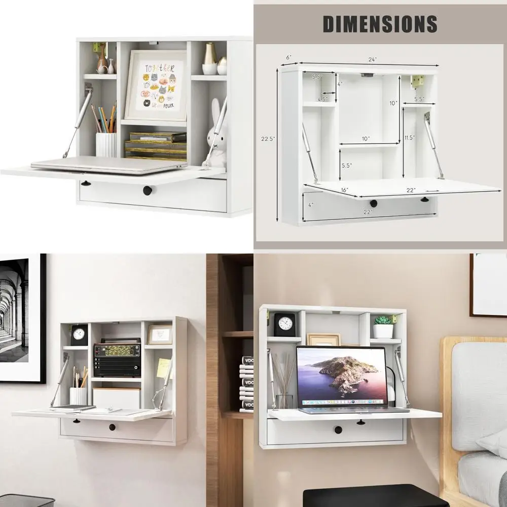 Corner Wall-Mounted Wood Desk with Storage Drawer and Shelves, Foldable Laptop Desk for Compact Spaces