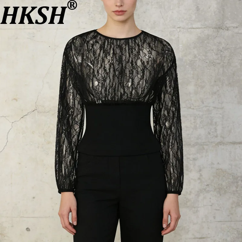 HKSH 2026 Spring Summer New Women T-shirt Sheer Mesh Patchwork Waist Cinching Slim Fit O-neck Long Sleeves Sexy Chic Top HK18931