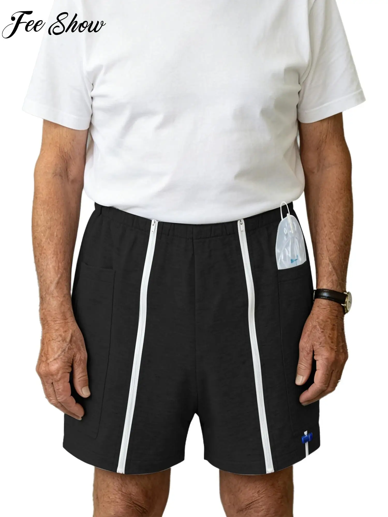 Men Ostomy Shorts Urine Drainage Bag Pants Side Zipper Pockets Elastic Waistband Adaptive Underwear Medical for Post Op Care