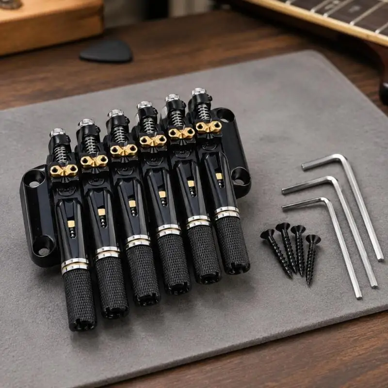 Six-String Headless Guitar Bridge Assembly with Fan-Shaped Six-Position Layout for Lower-Bridge Replacement, Repair, and K1YF