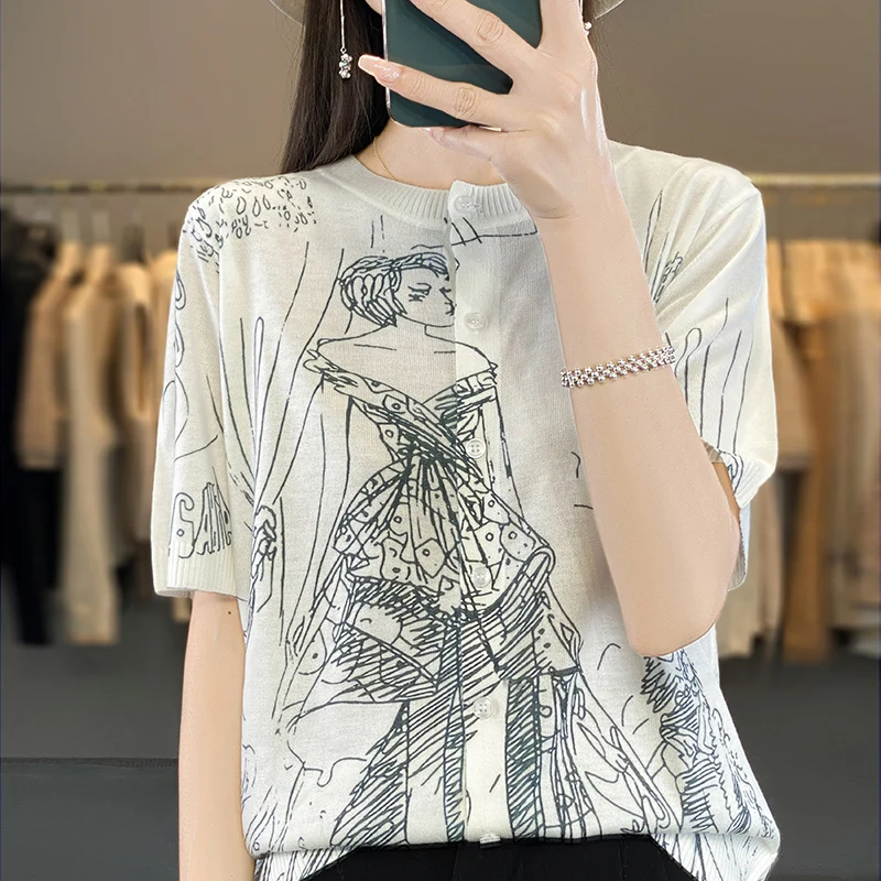 Summer New Worsted Thin Knit Cardigan Women\'s Short Sleeve Printing Fashion Bottoming Loose T-shirt Bottoming Sweater