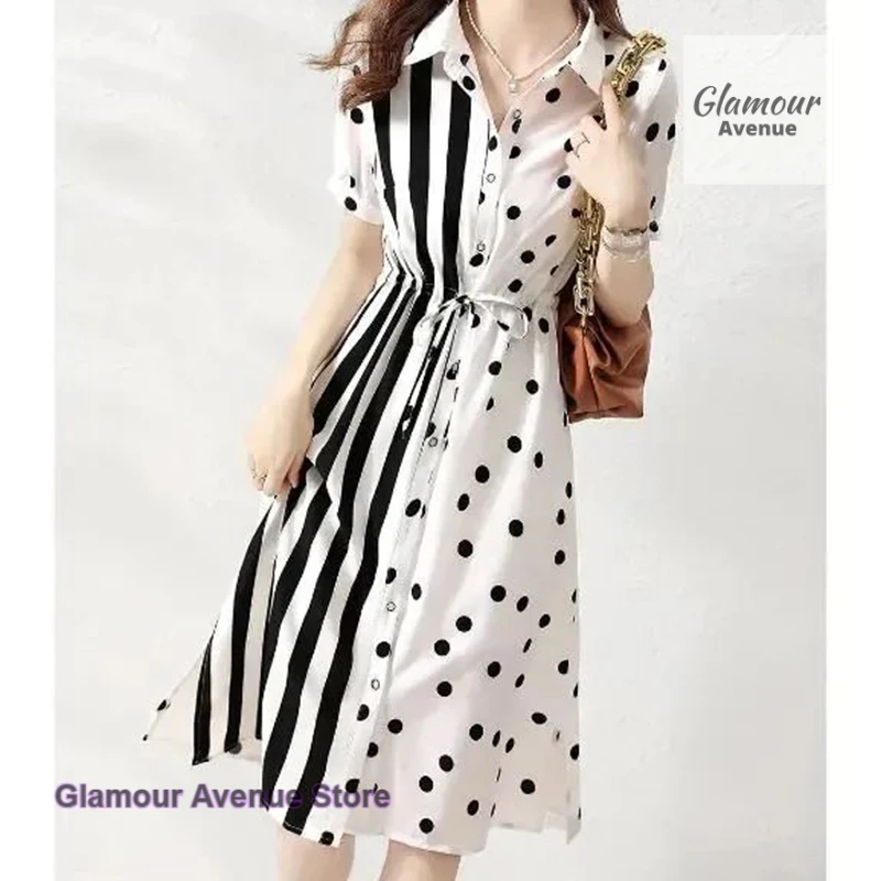 

French polka-dot shirt plus size skirt women's summer new striped slim casual fashion temperament long casual vintage dress