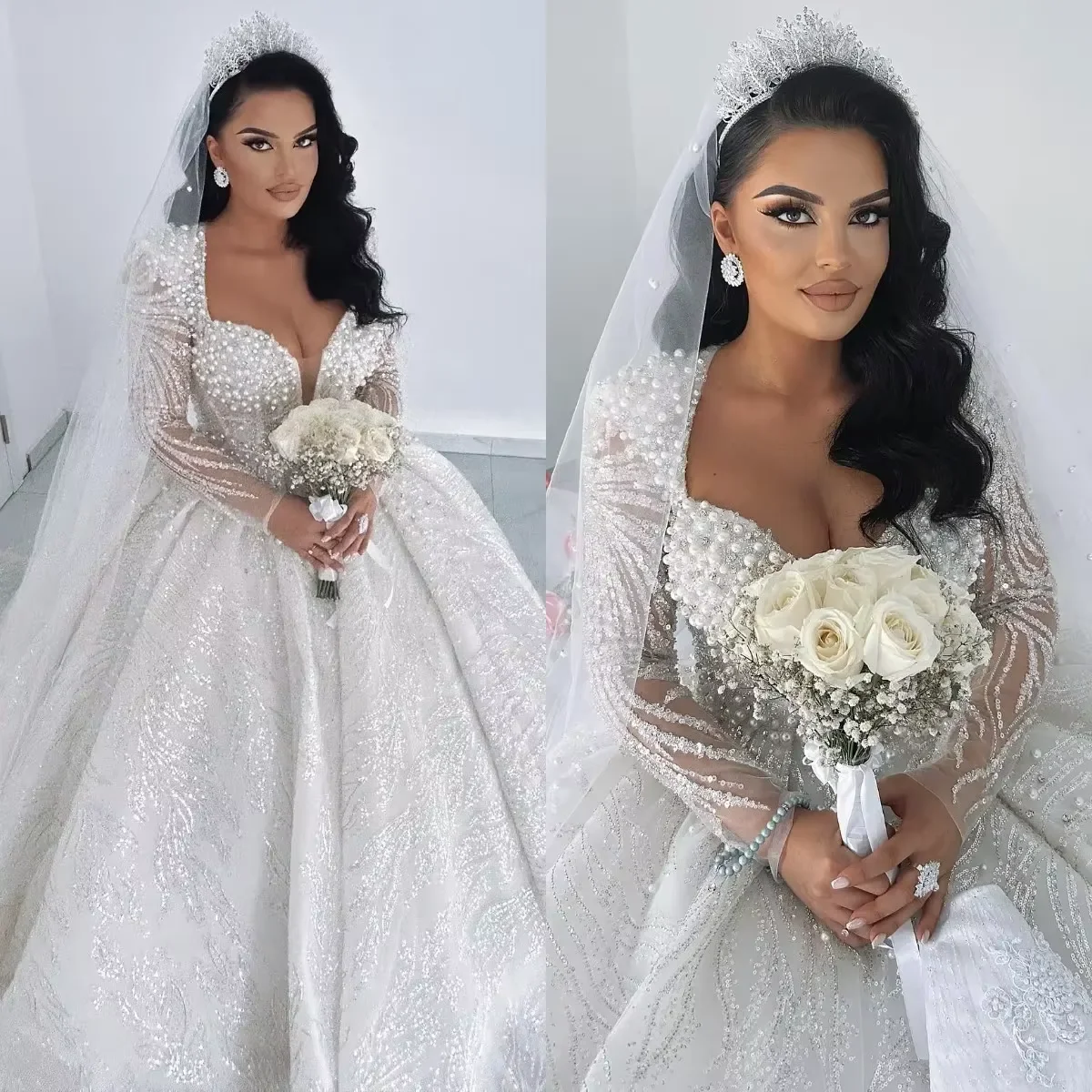 Customized Luxury Square Neck Handwork Heavy Pearls Sequins Wedding Dresses Ball Gown Long Sleeves Bridal Gowns Vestido De Novia
