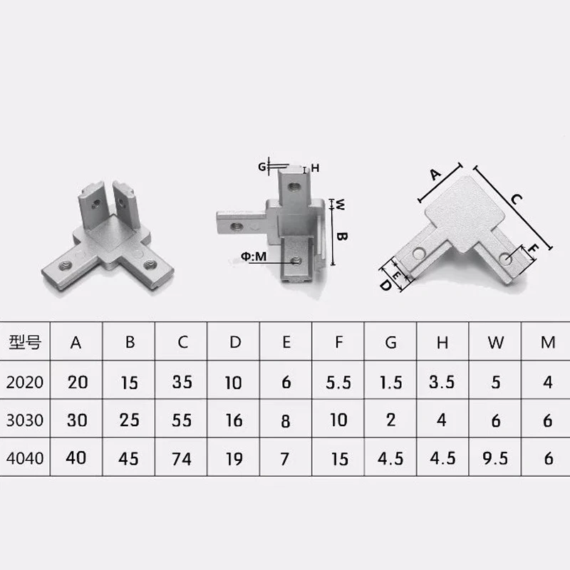 4pcs 3D printer 2020 3030 4040 T Slot Aluminum Profile 3-way 90 deg inside corner bracket Interior Connector f/ Alu-profile