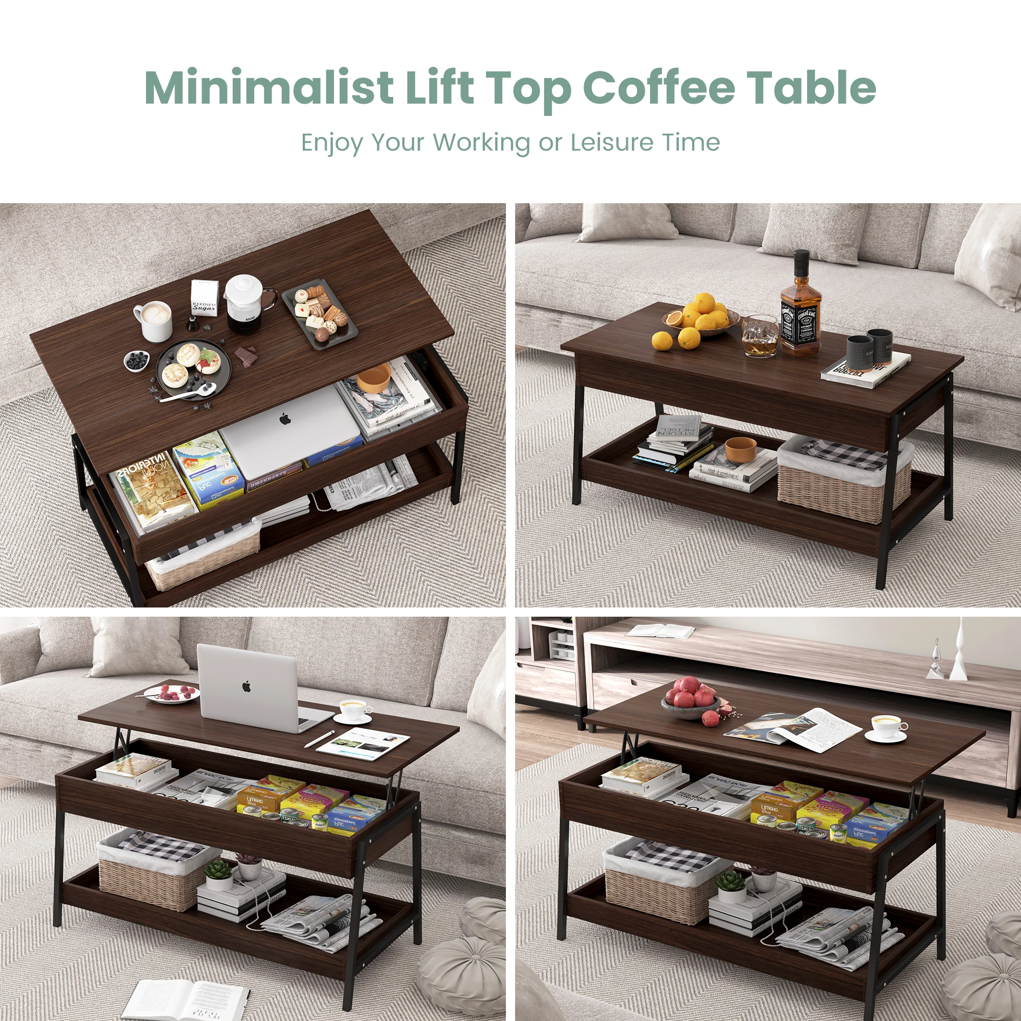 1 PC Lift Top Coffee Table With Storage Shelves And Hidden Compartment For Living Room Office