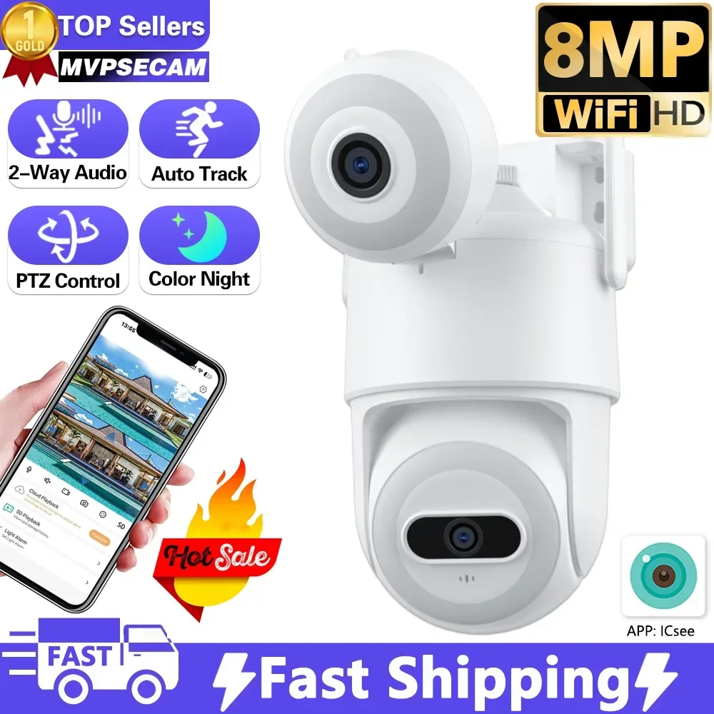 

4K 8MP HD Dual Lens Dual Screen IP Camera Outdoor PTZ WiFi Camera Security 4MP HD Auto Tracking Video CCTV Camera iCSee