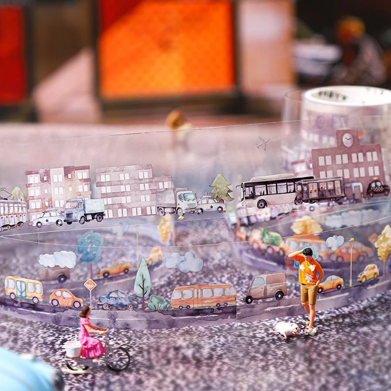 10 Packs X200cm/roll Waterproof PET Tape Shuttle Series Urban Building Car Drawing Home Handbook Creative Decoration