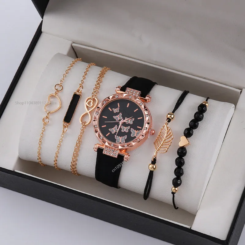 6/5/2/1 قطعة مجموعة ساعة نسائية عادية زهرة ساعة كوارتز التناظرية بولي Leather ساعة معصم جلدية وأساور Reloj Mujer Elegante لا صندوق