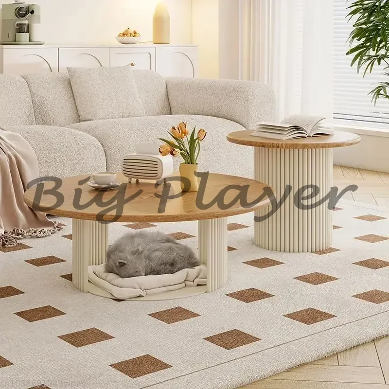 

French Cream Style Coffee Table Combination Cat Nest Storage Coffee Table Solid Wood Oval Small Minimalist Furniture