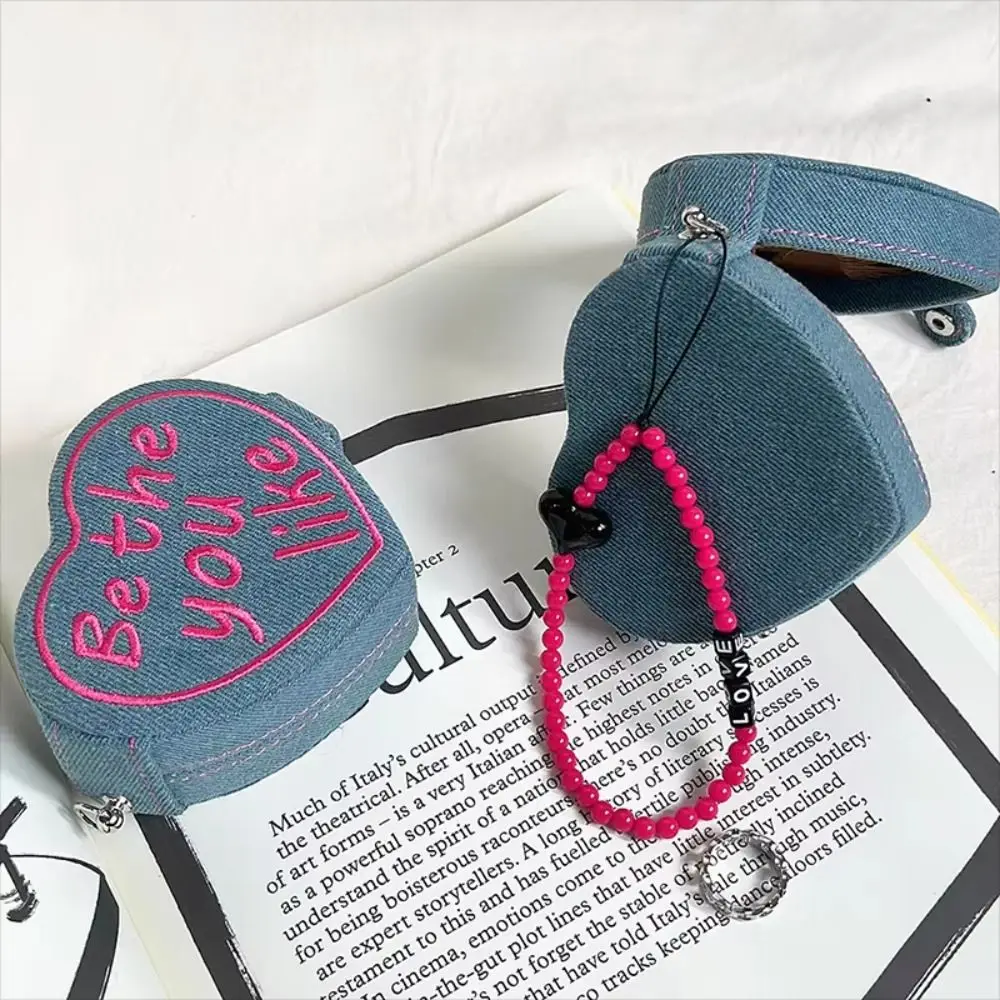 

Compact Heart Shaped Jewelry Ring Storage Box Embroidered Pure Color Cosmetic Bag Retro Style With Strap Jewelry Holder Travel